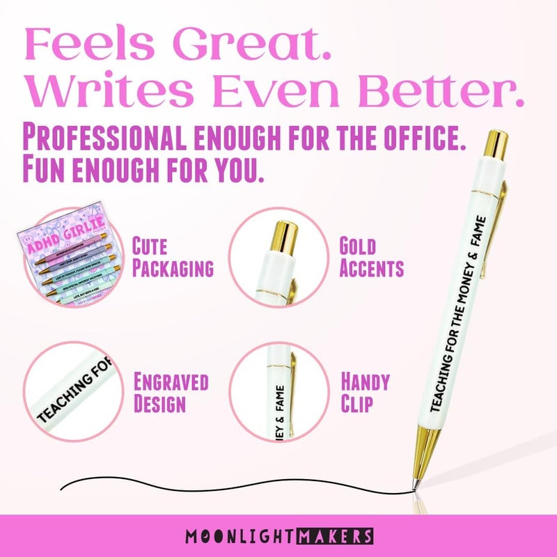 Moonlight Makers - Set of 5 Ballpoint Pens Black Ink - Engraved Funny Pens for Adults - ADHD Girlie Appreciation Adult Gifts - Ideal Desk Decor for Work and Office Desk - Cute Packaging, Handy Clips - Image 4